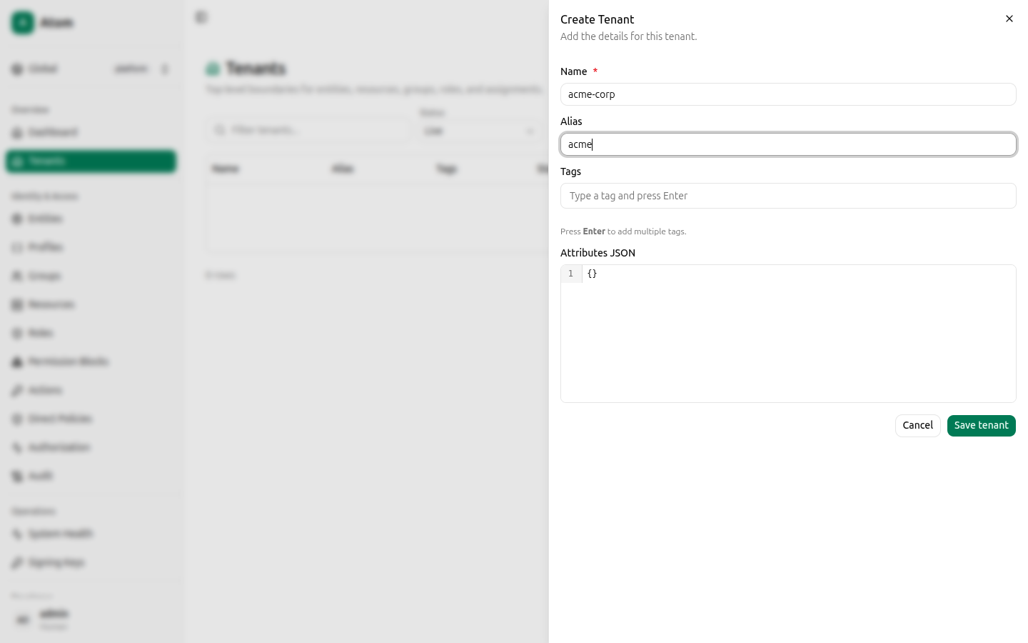 Create tenant dialog