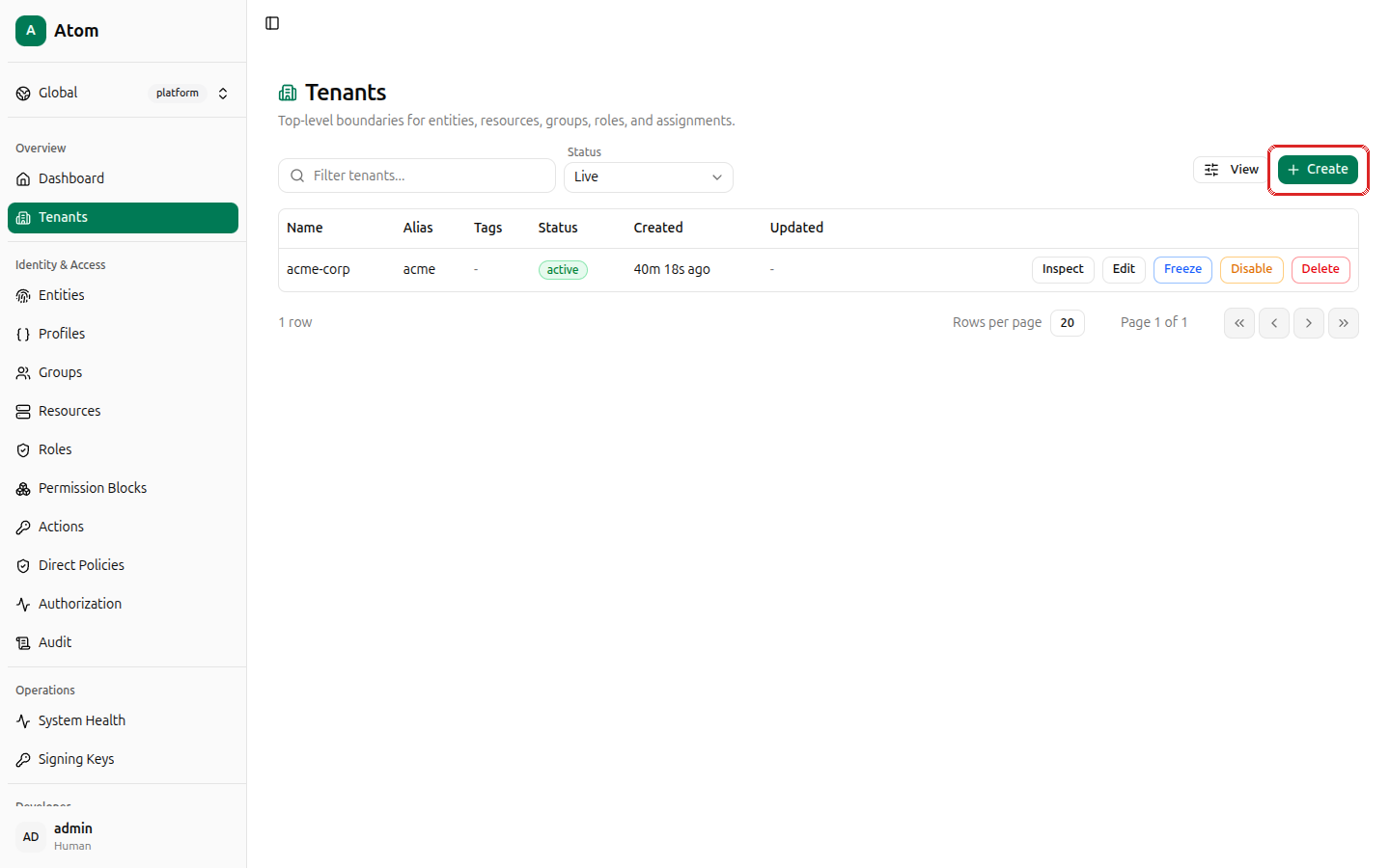 Create button highlighted on the tenants list